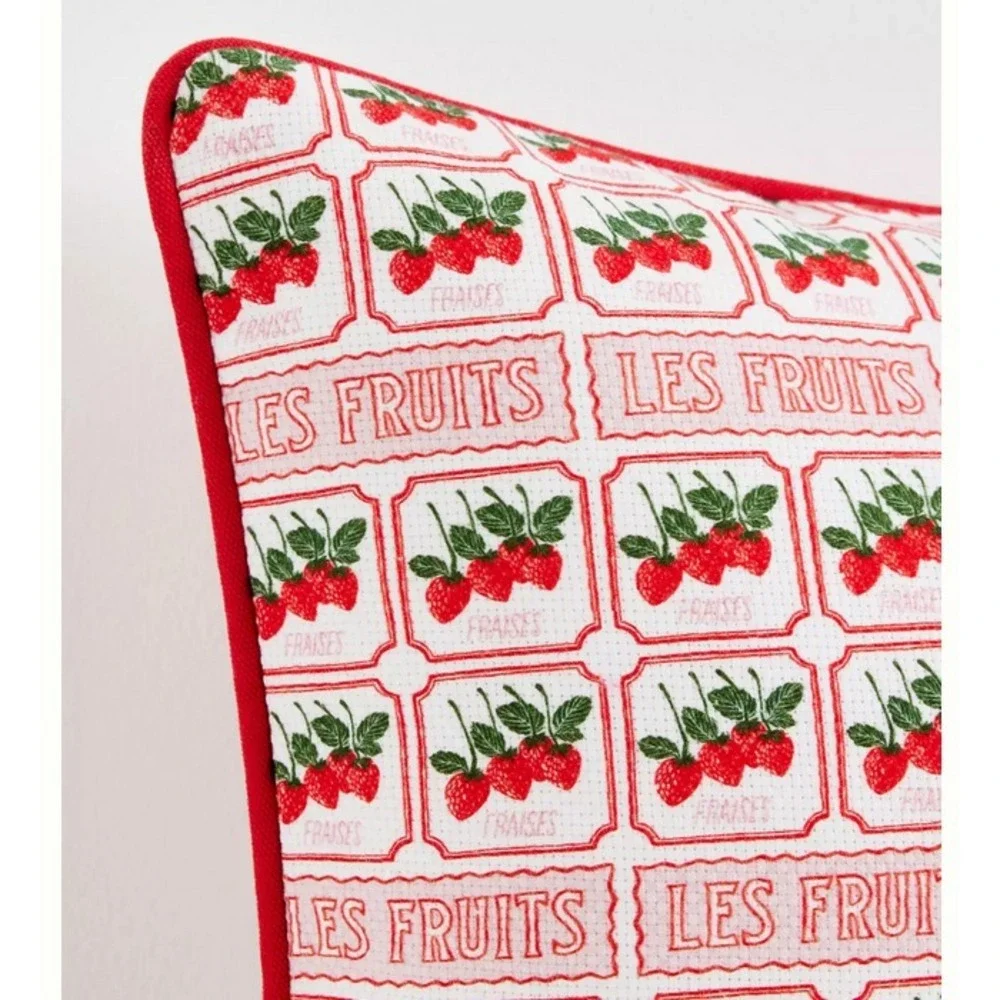 Anthropologie Throw Pillow Strawberries France French Embroidered‎ Les Fruits